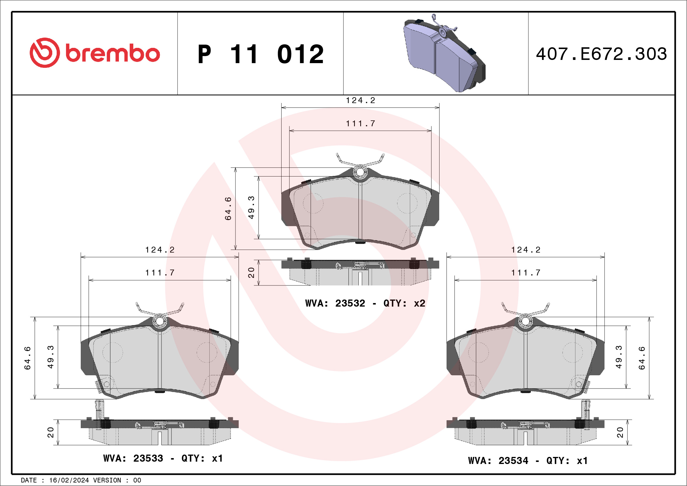 Jogo de 4 pastilhas de travão BREMBO ref. P 11 012