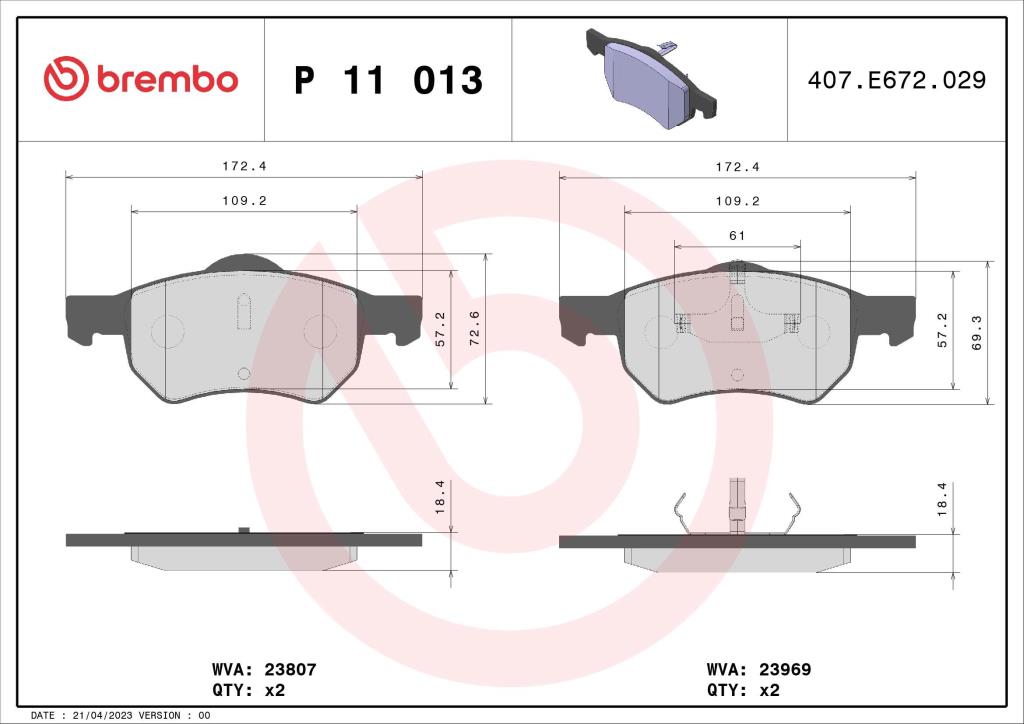 Jogo de 4 pastilhas de travão BREMBO ref. P 11 013