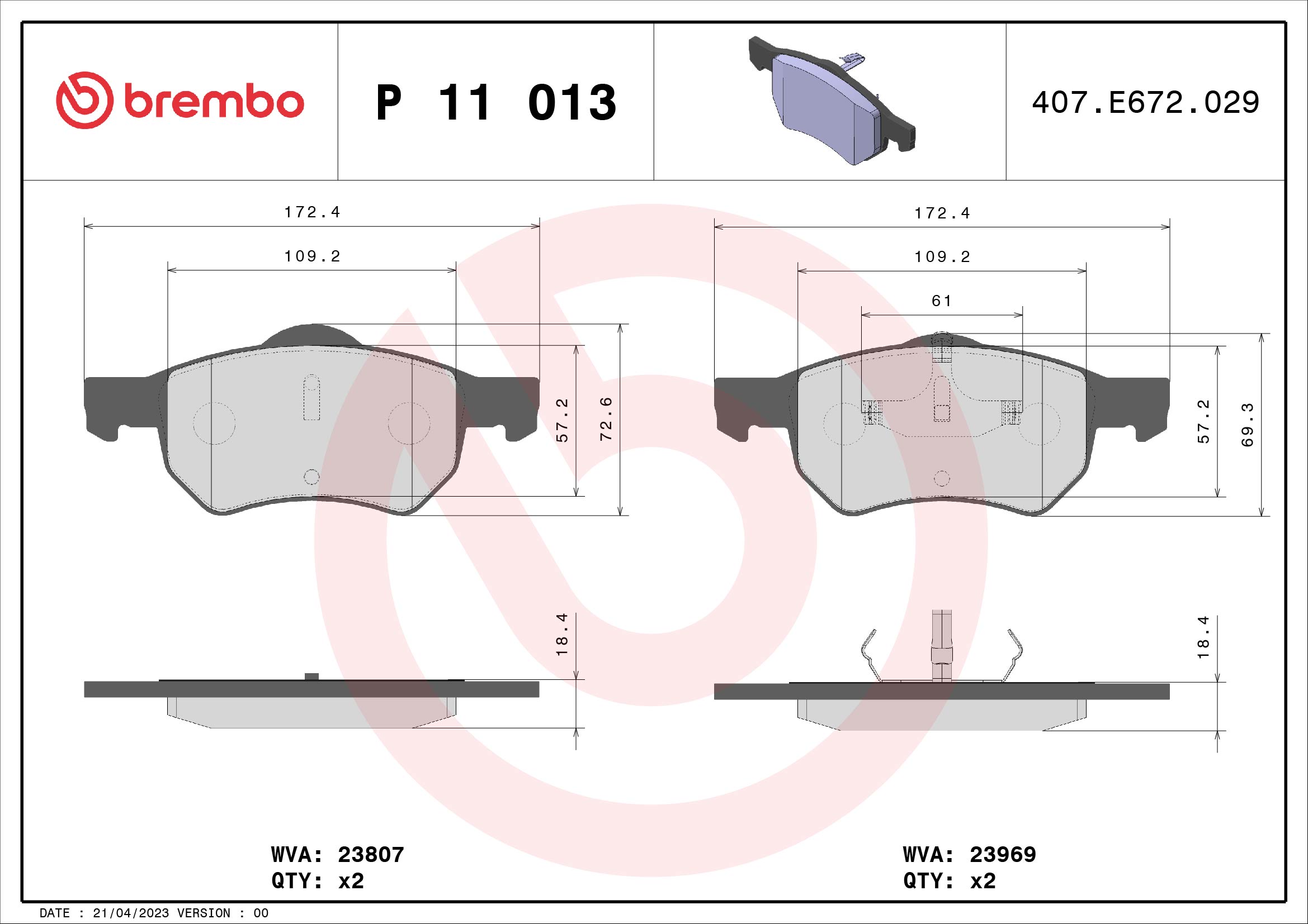 Jogo de 4 pastilhas de travão BREMBO ref. P 11 013