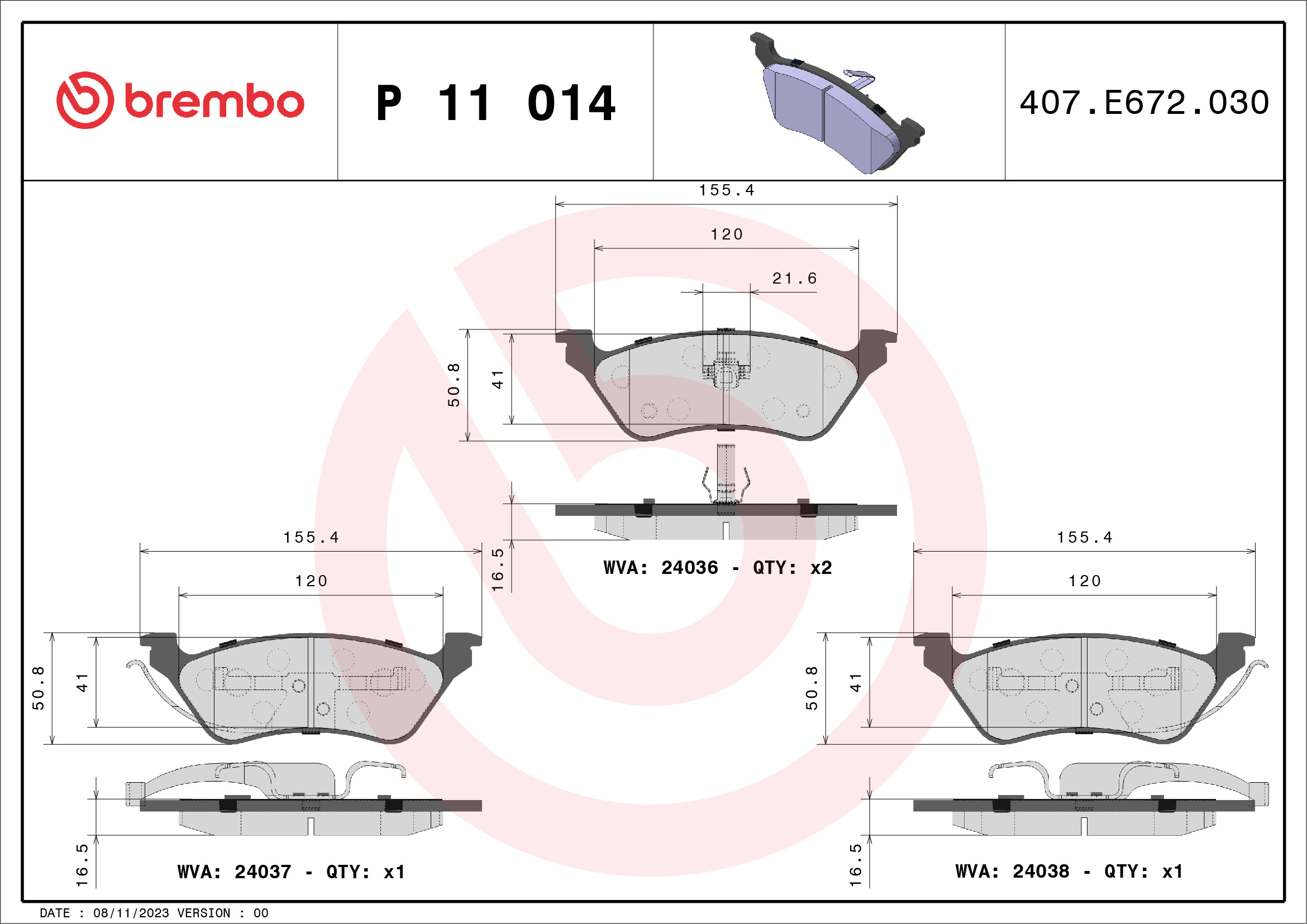 Jeu de 4 plaquettes de frein BREMBO ref. P 11 014