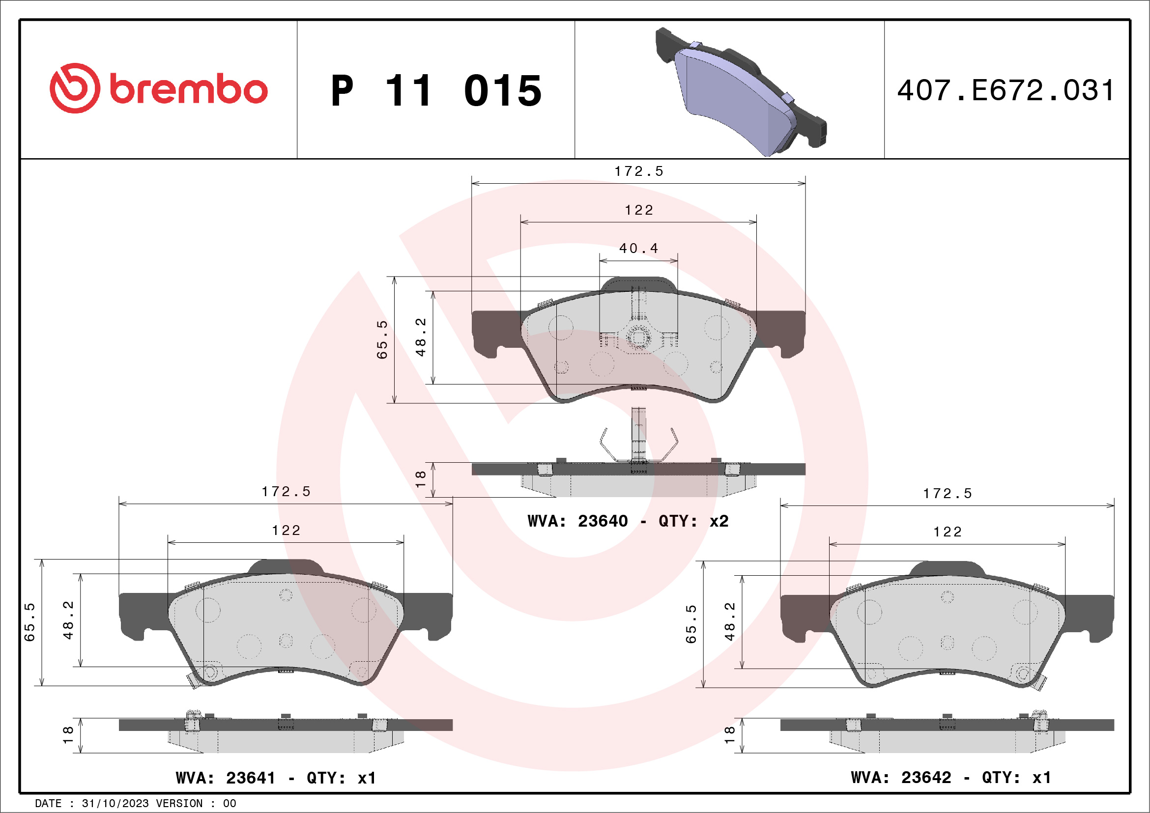 Jogo de 4 pastilhas de travão BREMBO ref. P 11 015