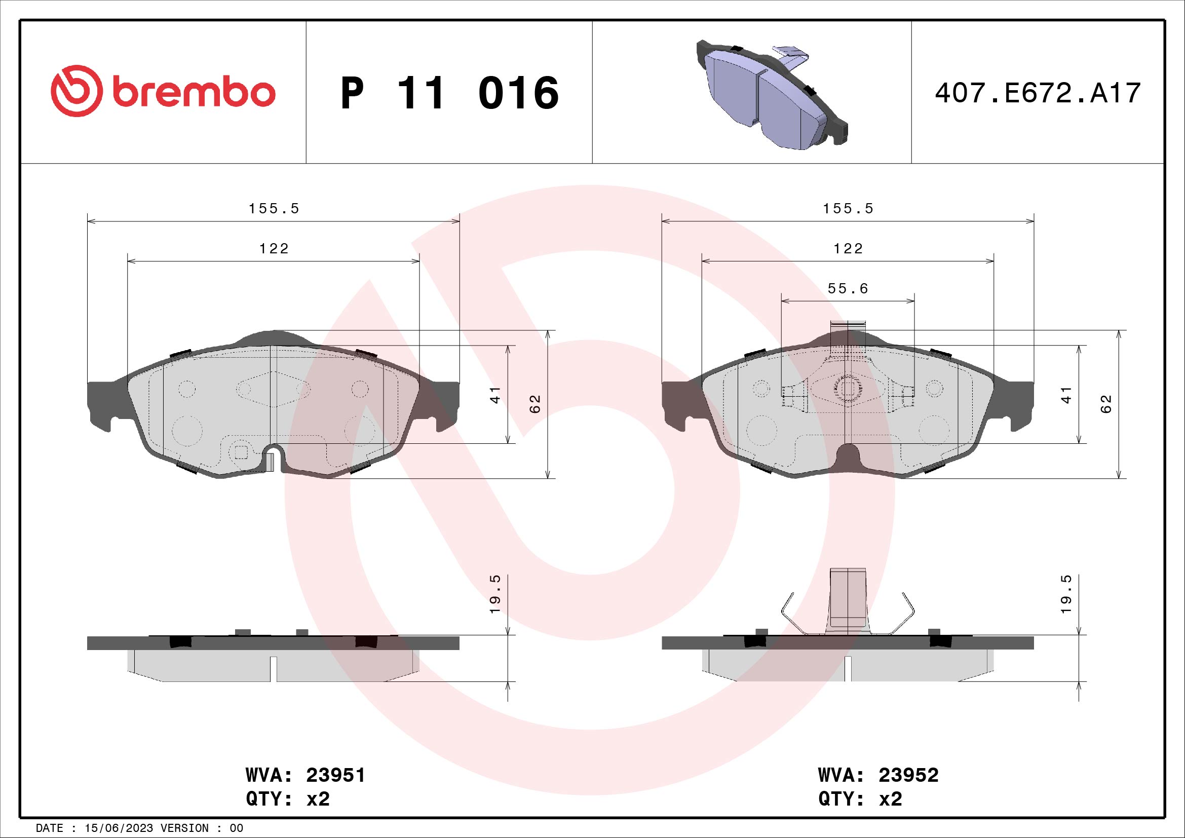 Jogo de 4 pastilhas de travão BREMBO ref. P 11 016