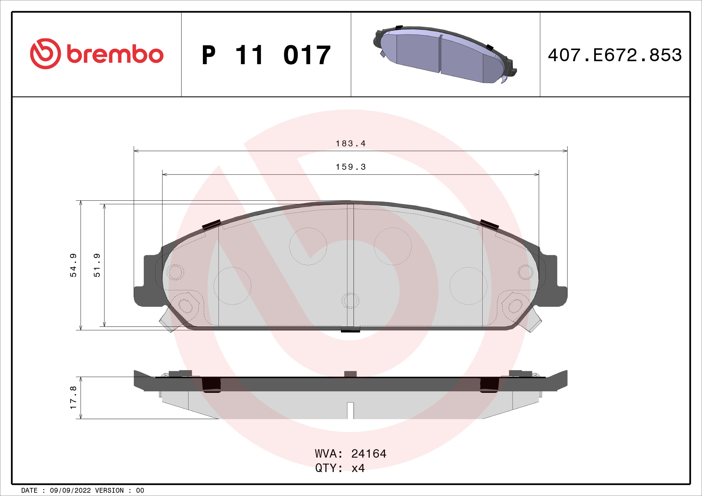Jeu de 4 plaquettes de frein BREMBO ref. P 11 017