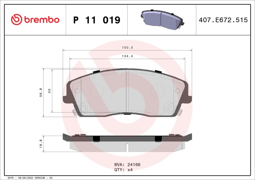 Jogo de 4 pastilhas de travão BREMBO ref. P 11 019