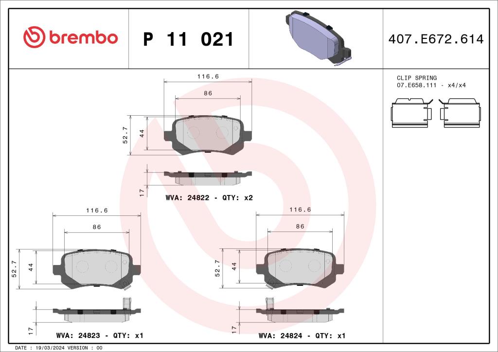 Jogo de 4 pastilhas de travão BREMBO ref. P 11 021