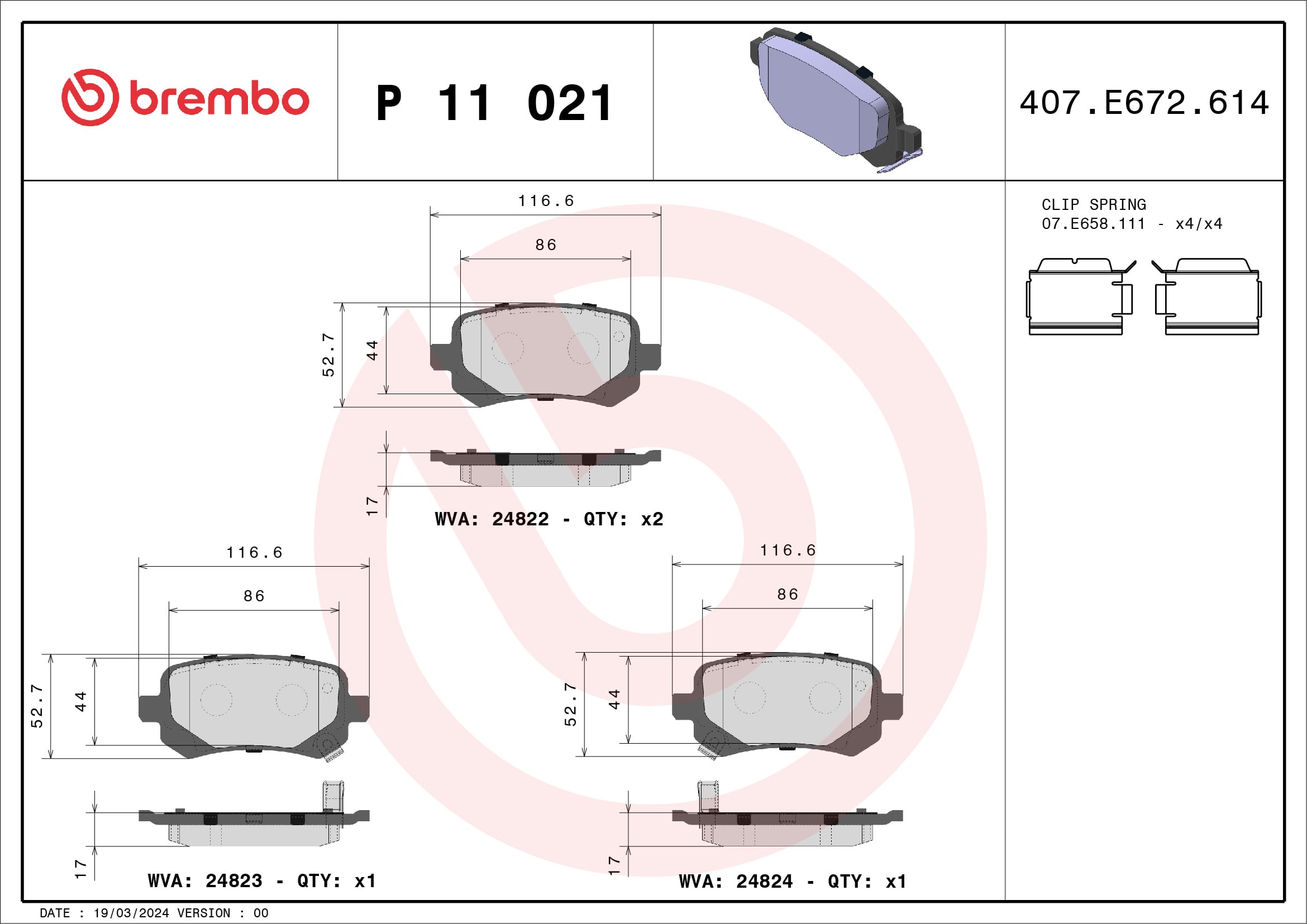 Jogo de 4 pastilhas de travão BREMBO ref. P 11 021