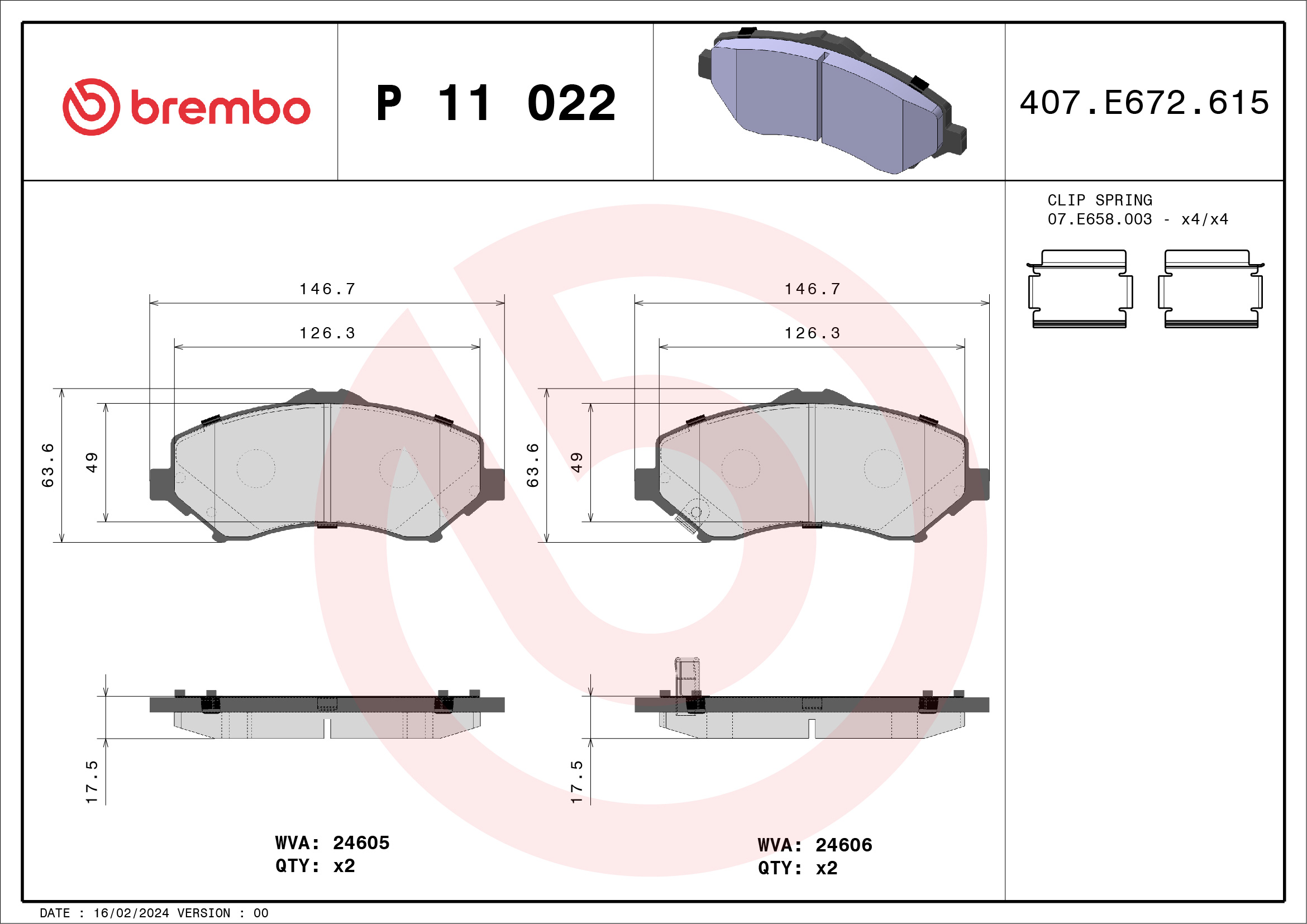 Jeu de 4 plaquettes de frein BREMBO ref. P 11 022