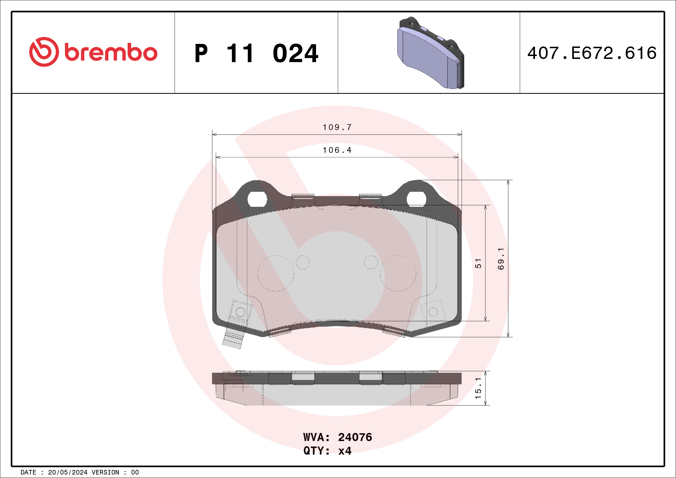 Jogo de 4 pastilhas de travão BREMBO ref. P 11 024