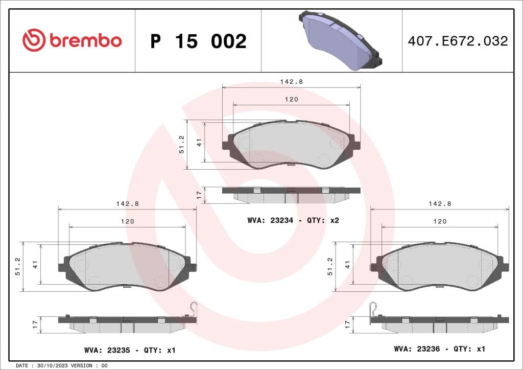 Jogo de 4 pastilhas de travão BREMBO ref. P 15 002