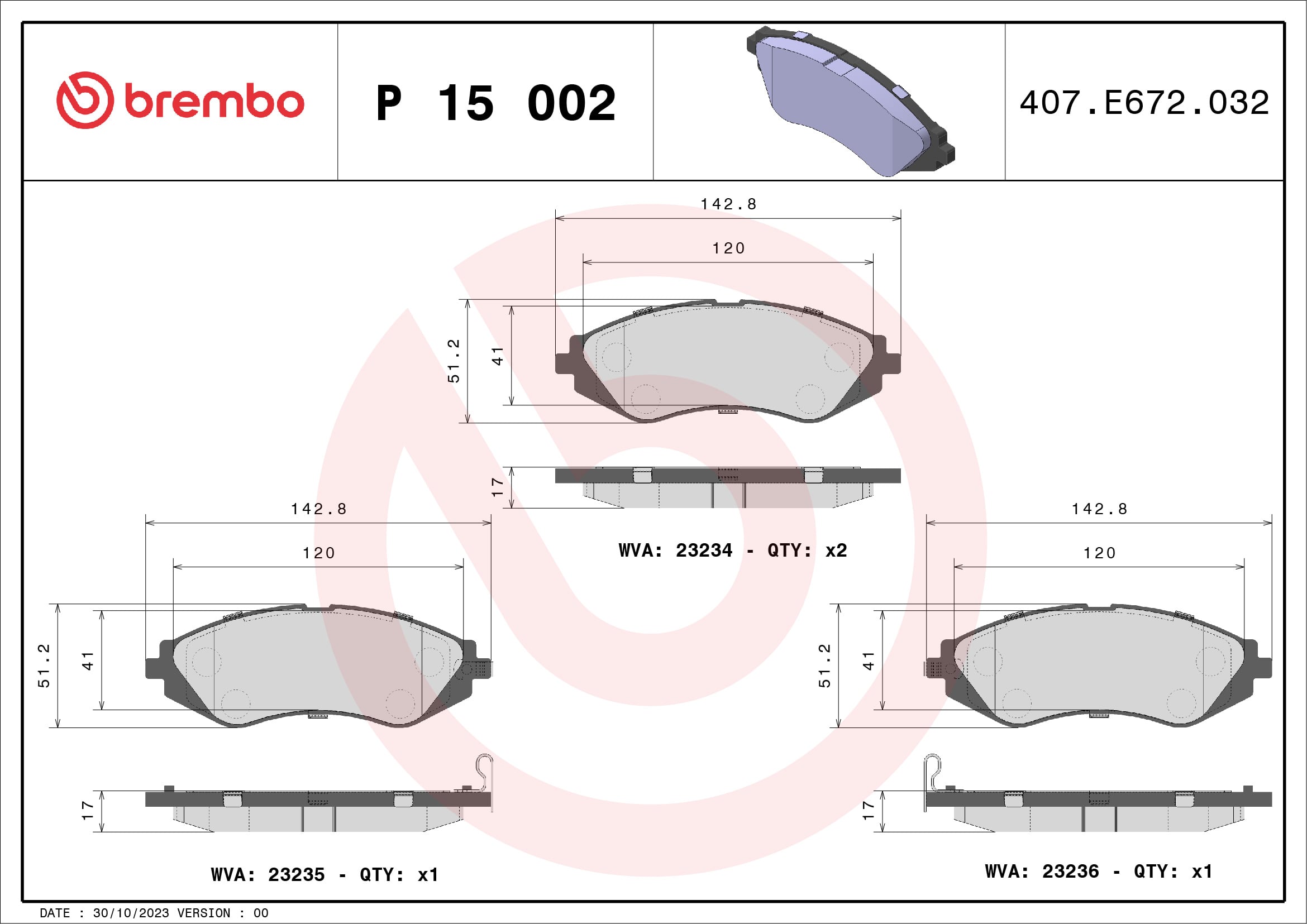 Jogo de 4 pastilhas de travão BREMBO ref. P 15 002