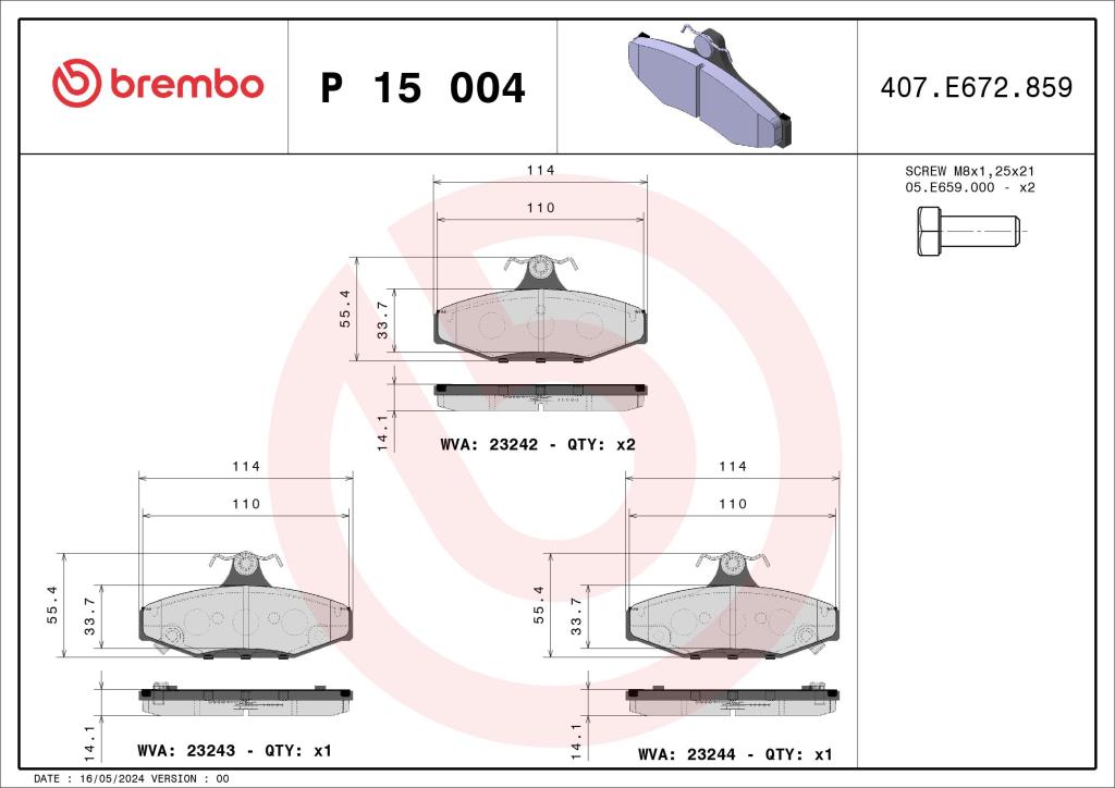 Jogo de 4 pastilhas de travão BREMBO ref. P 15 004