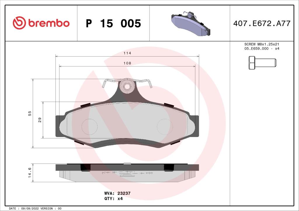 Jogo de 4 pastilhas de travão BREMBO ref. P 15 005