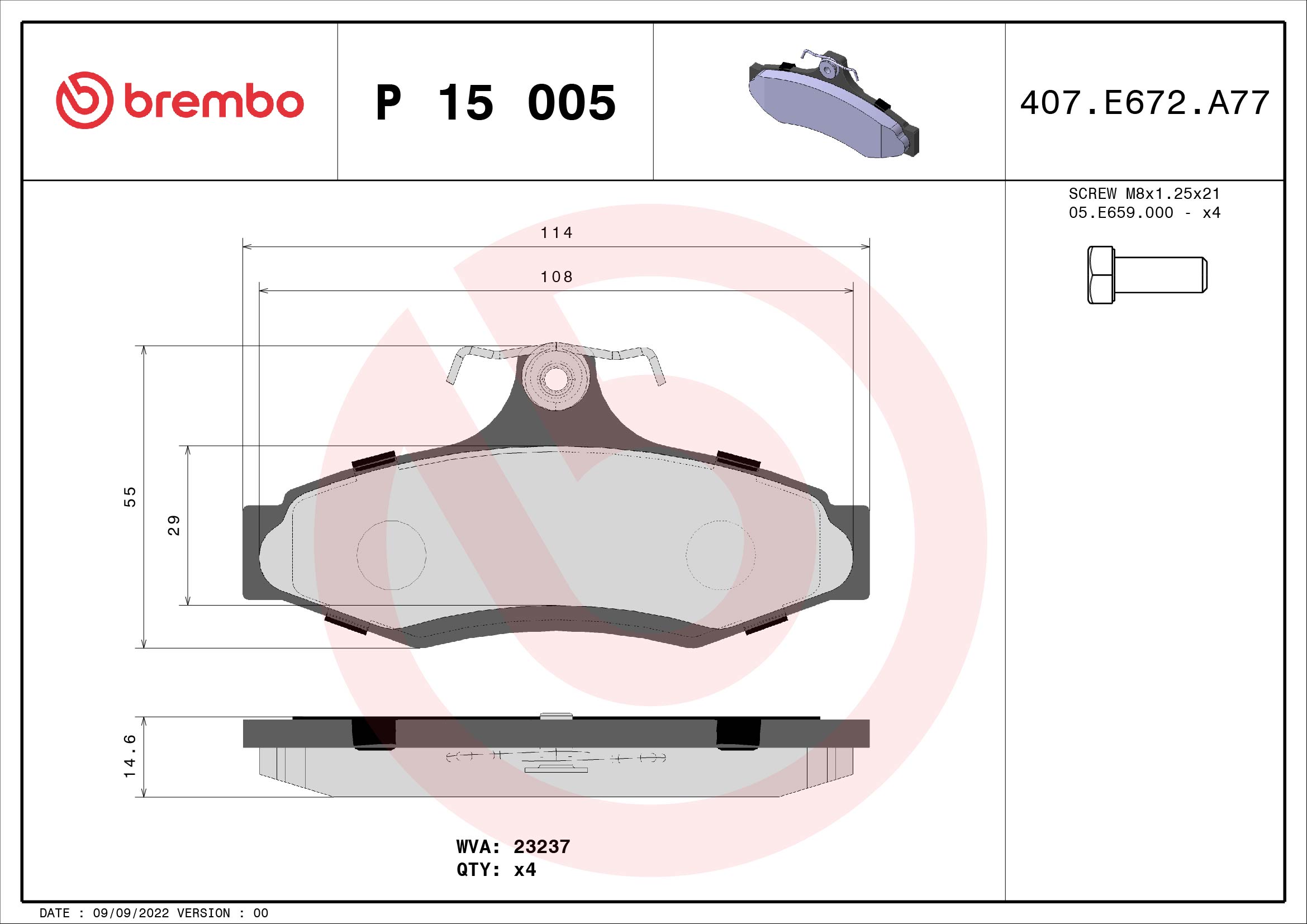 Jogo de 4 pastilhas de travão BREMBO ref. P 15 005