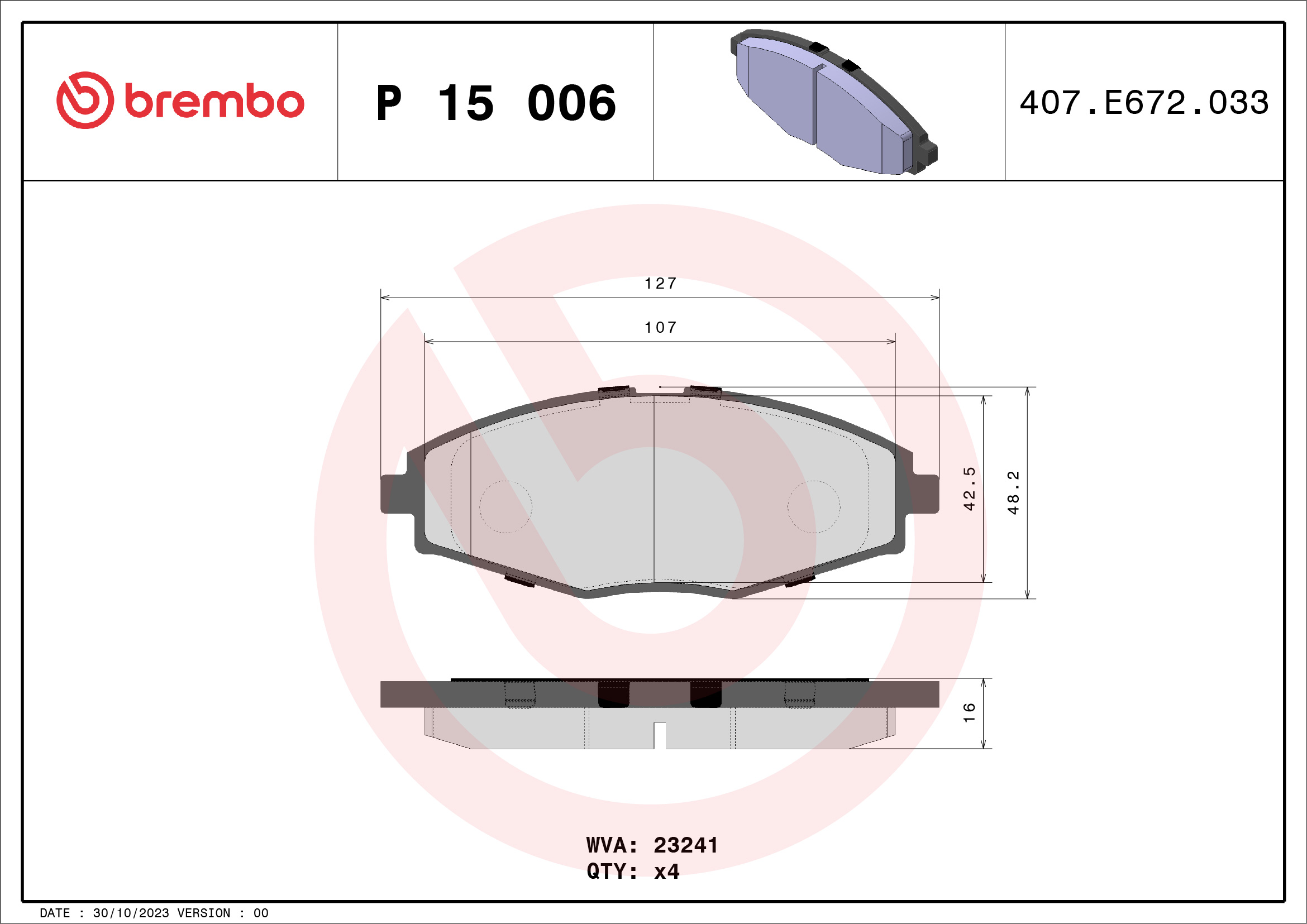 Jogo de 4 pastilhas de travão BREMBO ref. P 15 006