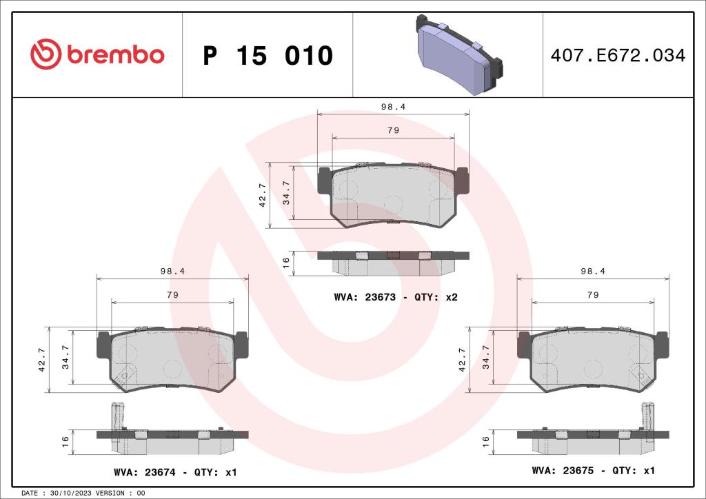 Jogo de 4 pastilhas de travão BREMBO ref. P 15 010