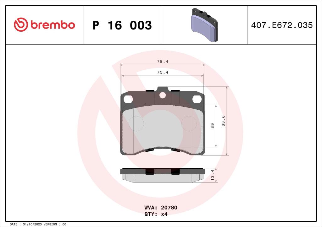 Jogo de 4 pastilhas de travão BREMBO ref. P 16 003
