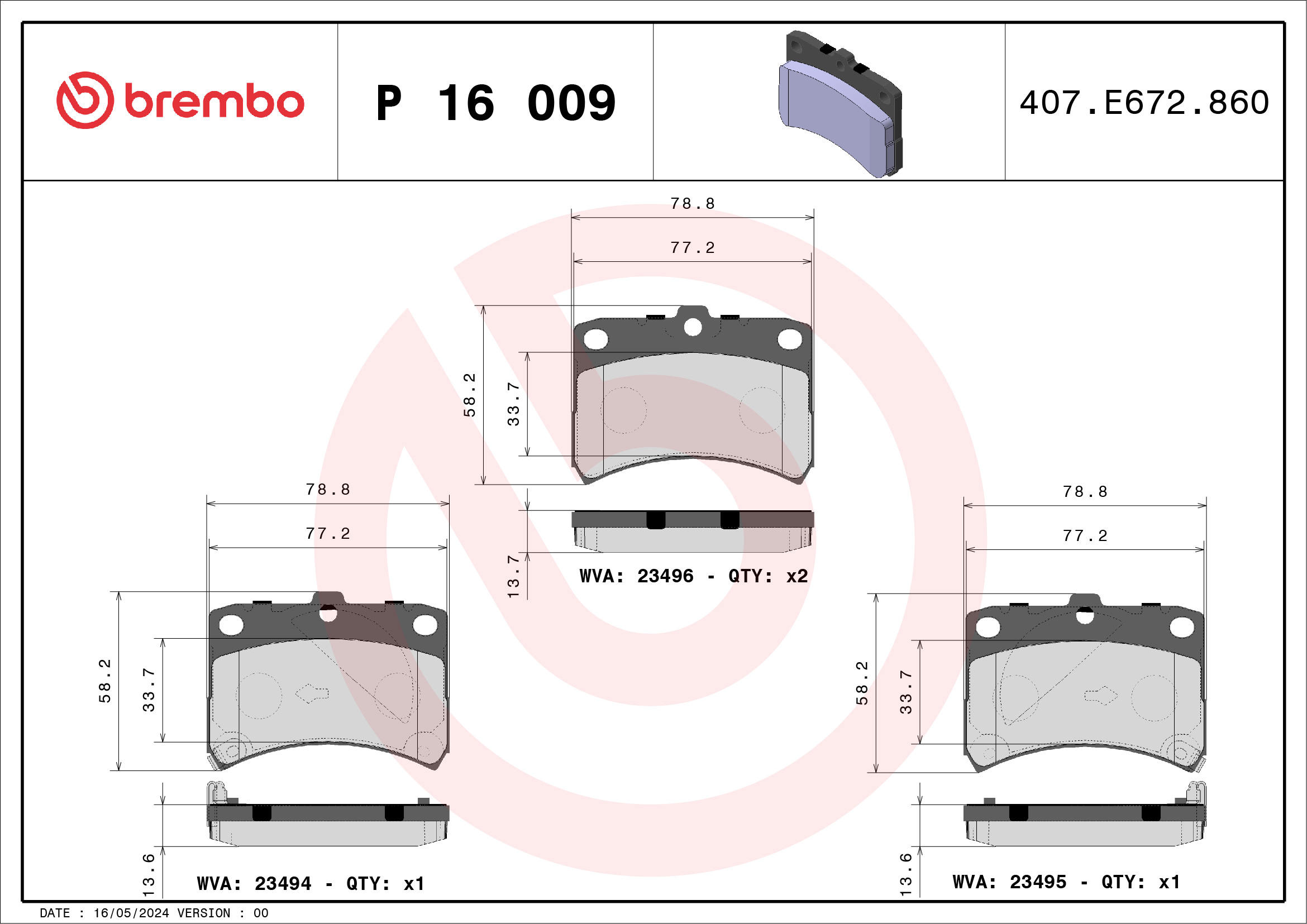 Jeu de 4 plaquettes de frein BREMBO ref. P 16 009