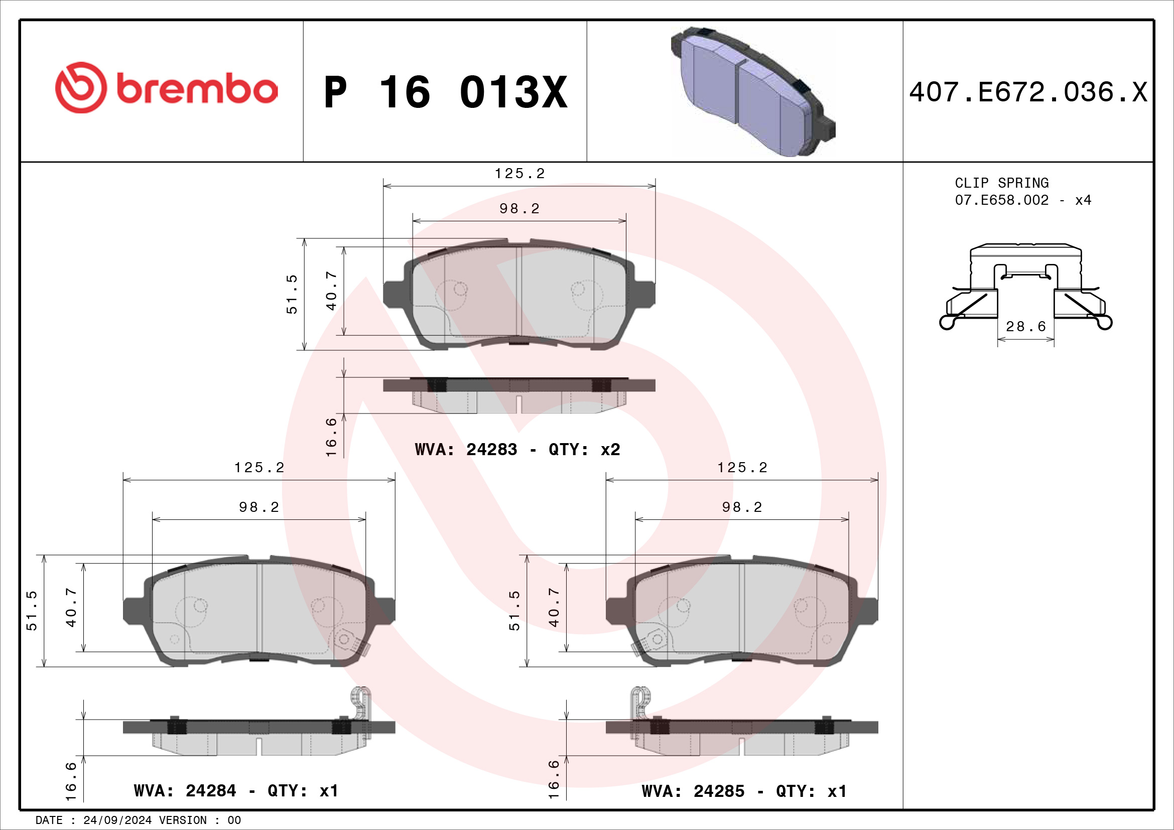 Jogo de 4 pastilhas de travão BREMBO ref. P 16 013X