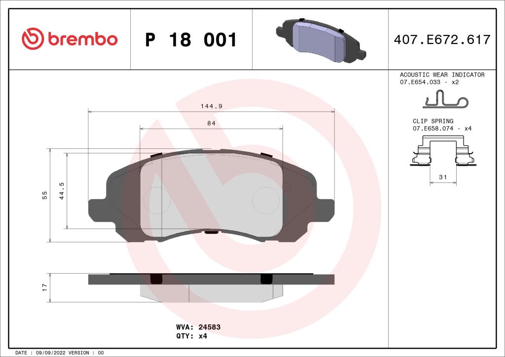 Jeu de 4 plaquettes de frein BREMBO ref. P 18 001