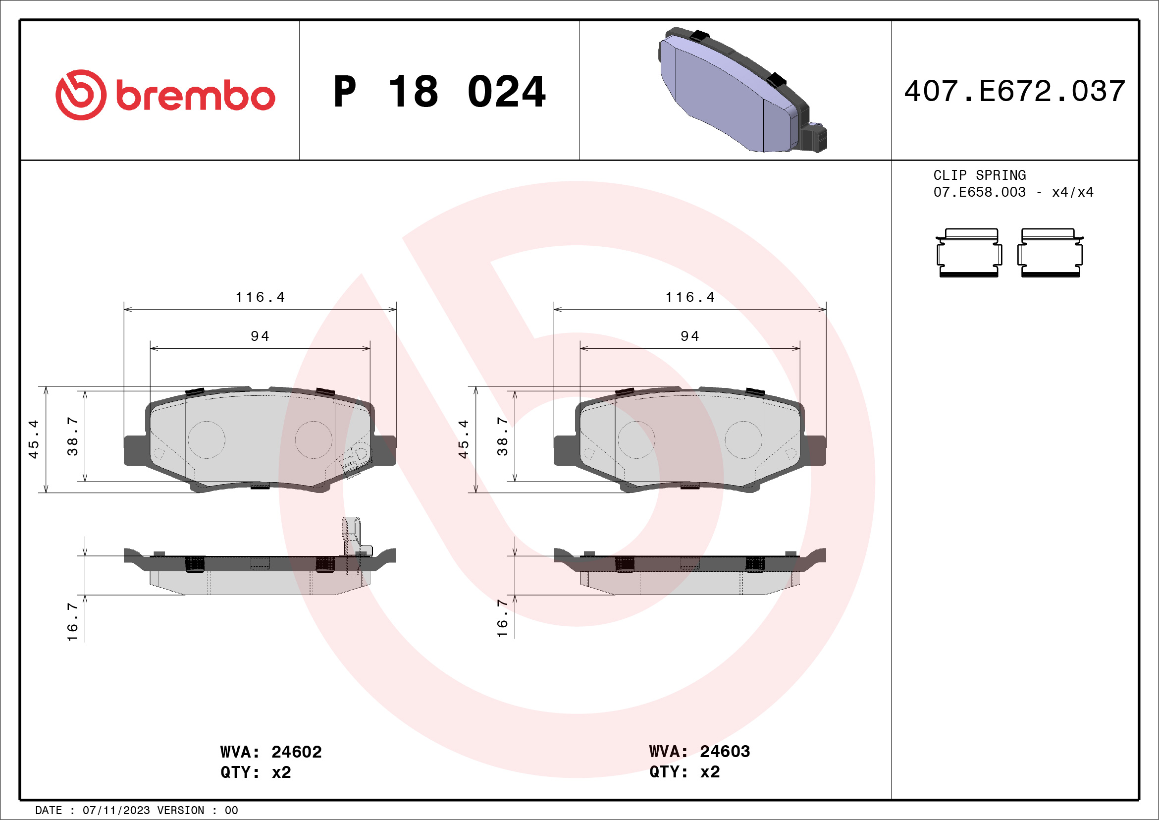 Jogo de 4 pastilhas de travão BREMBO ref. P 18 024