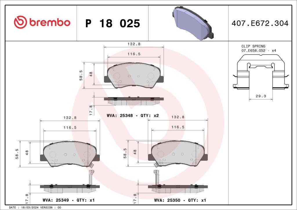 Jogo de 4 pastilhas de travão BREMBO ref. P 18 025