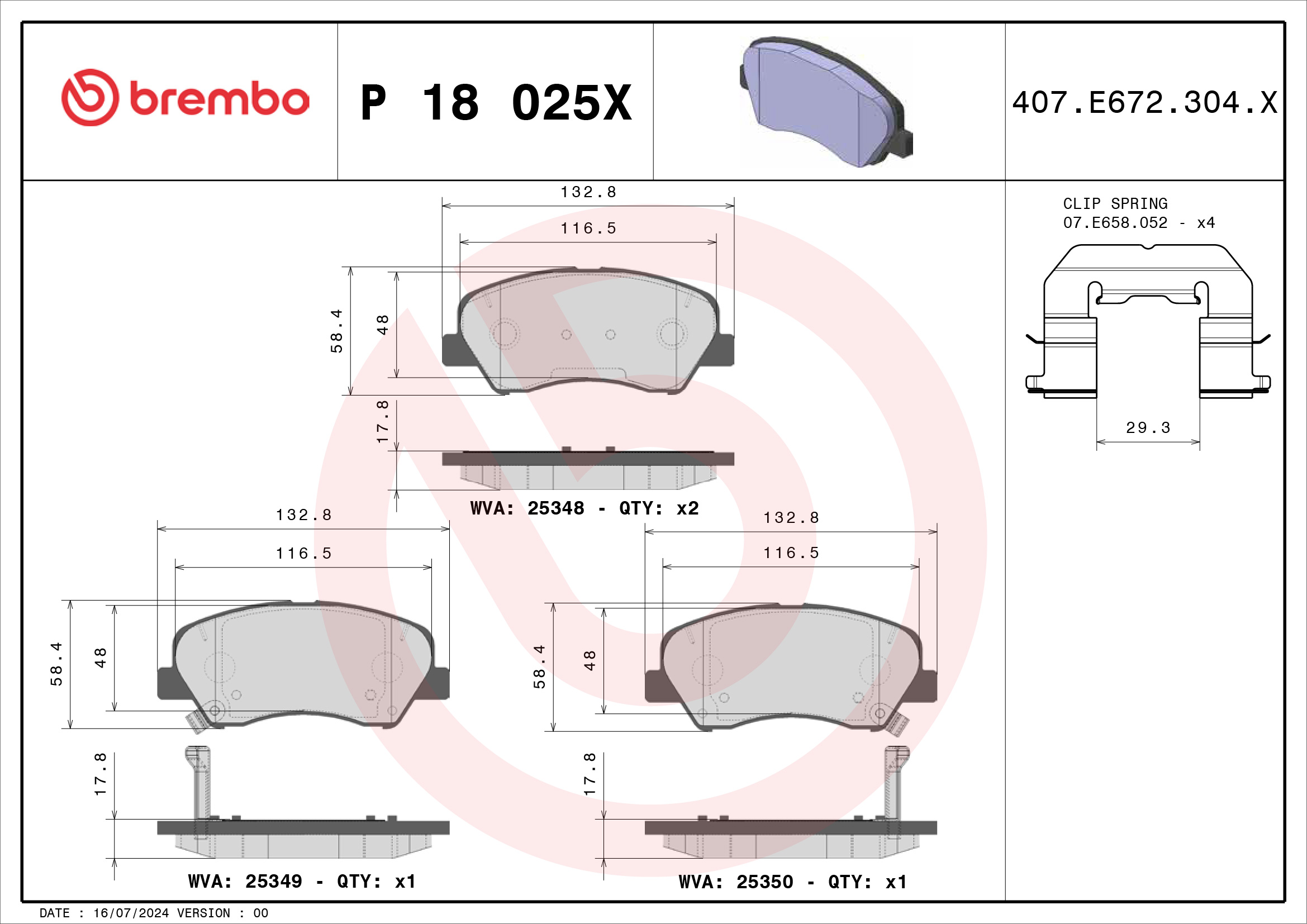 Jeu de 4 plaquettes de frein BREMBO ref. P 18 025X