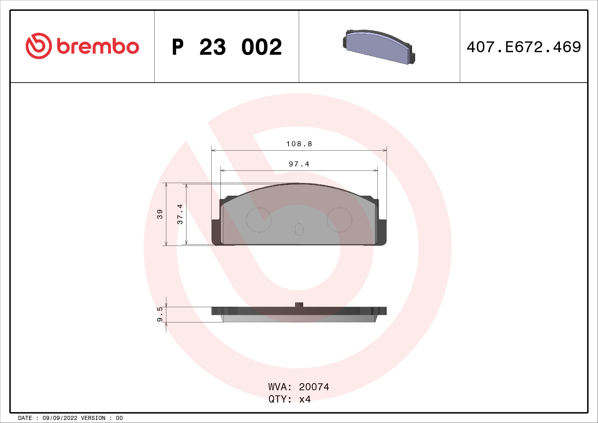 Jogo de 4 pastilhas de travão BREMBO ref. P 23 002