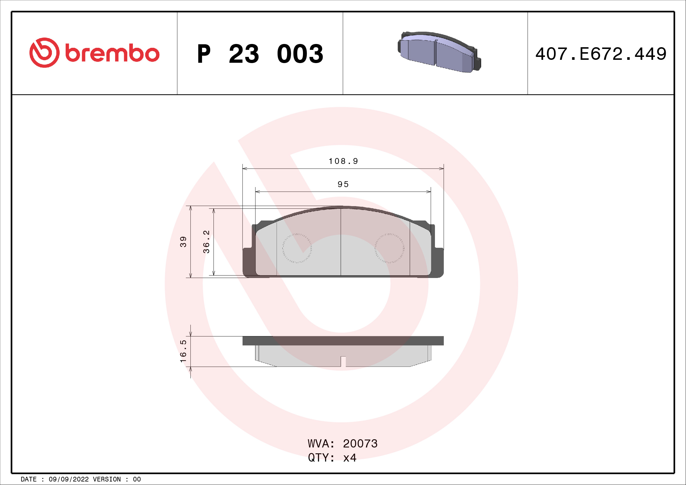 Jogo de 4 pastilhas de travão BREMBO ref. P 23 003