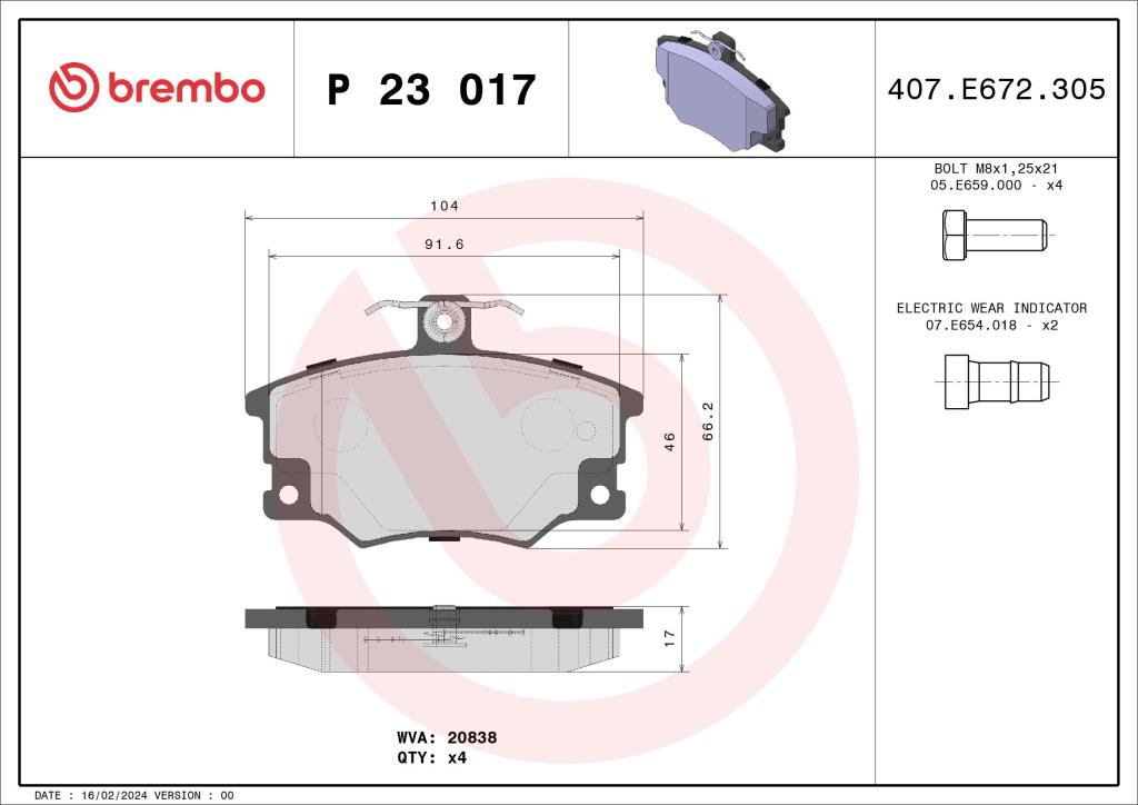 Jogo de 4 pastilhas de travão BREMBO ref. P 23 017