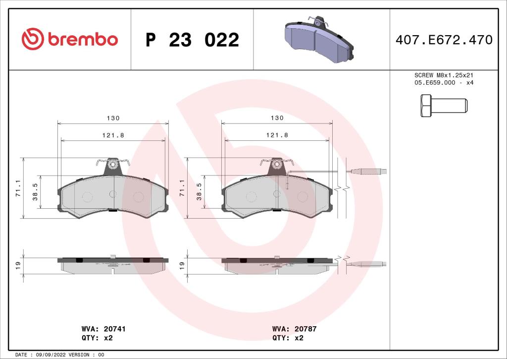 Jogo de 4 pastilhas de travão BREMBO ref. P 23 022