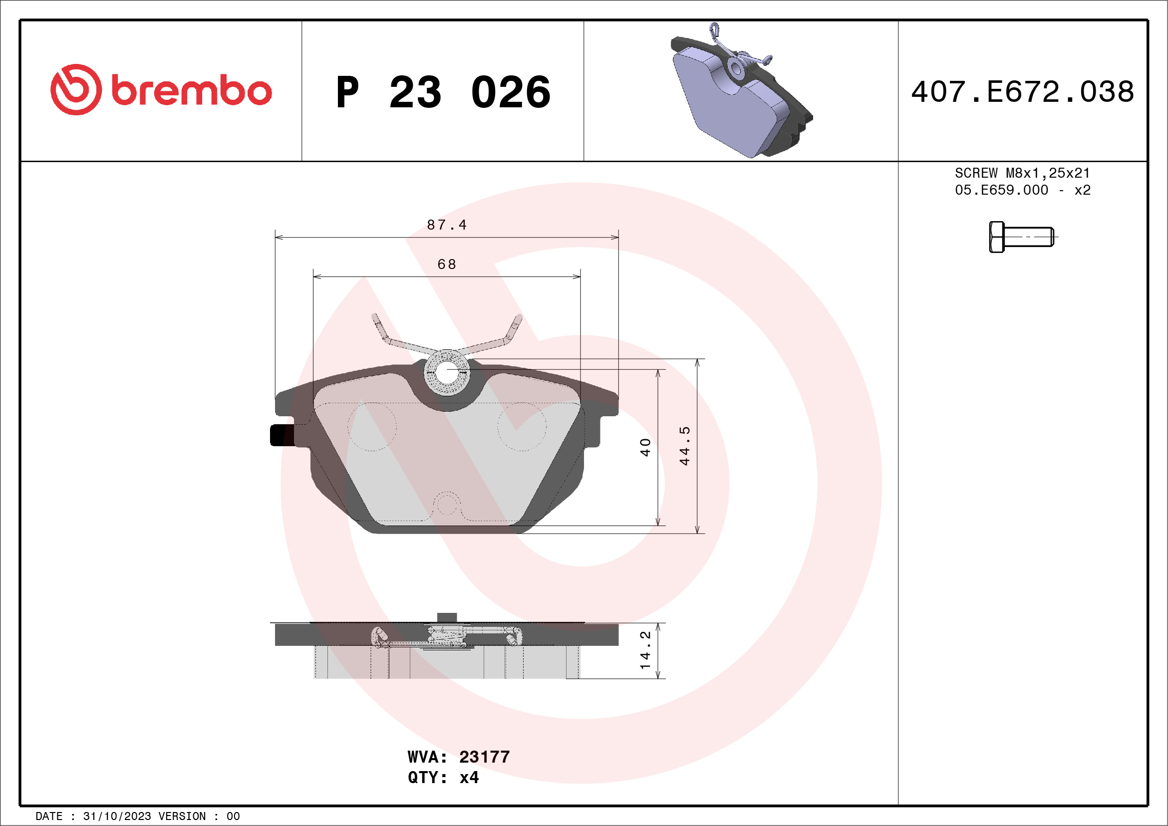 Jeu de 4 plaquettes de frein BREMBO ref. P 23 026