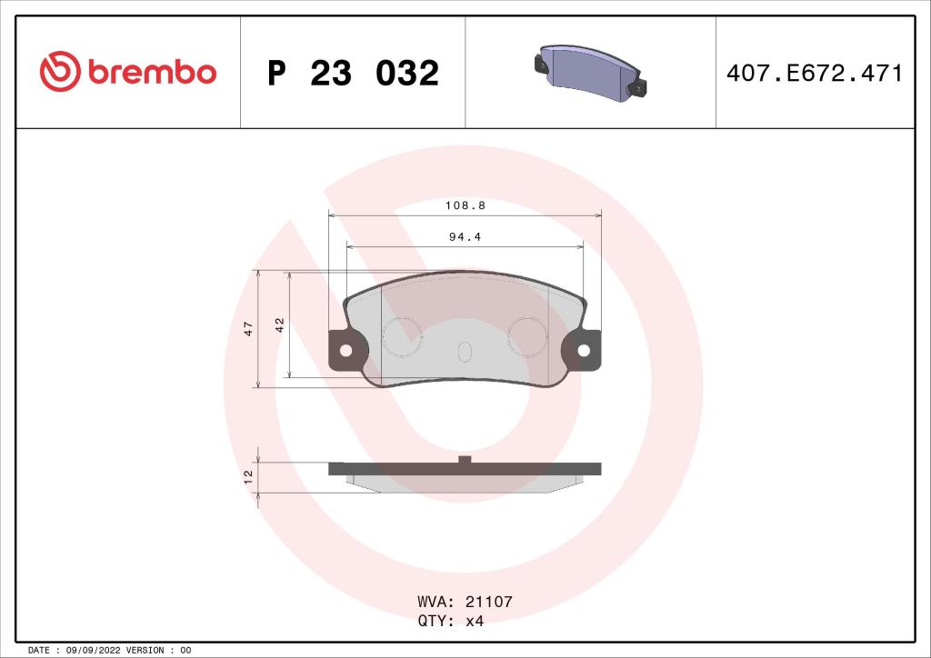 Jeu de 4 plaquettes de frein BREMBO ref. P 23 032