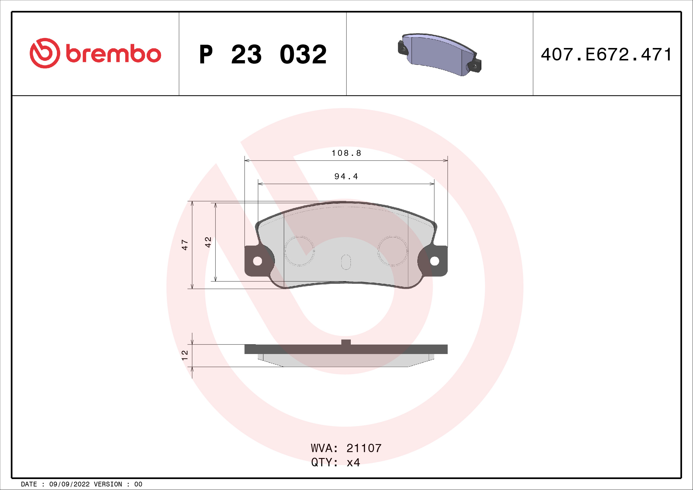 Jeu de 4 plaquettes de frein BREMBO ref. P 23 032