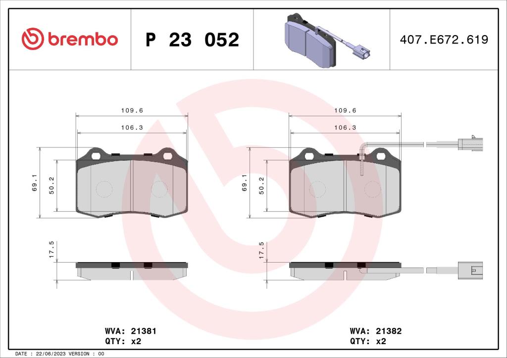 Jogo de 4 pastilhas de travão BREMBO ref. P 23 052