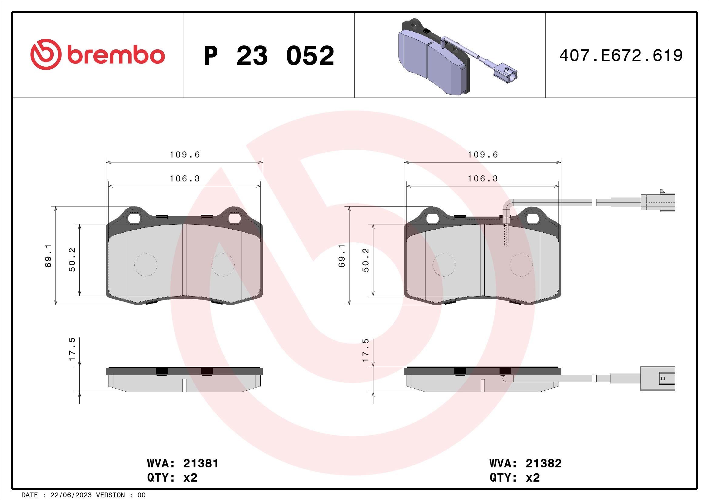 Jogo de 4 pastilhas de travão BREMBO ref. P 23 052