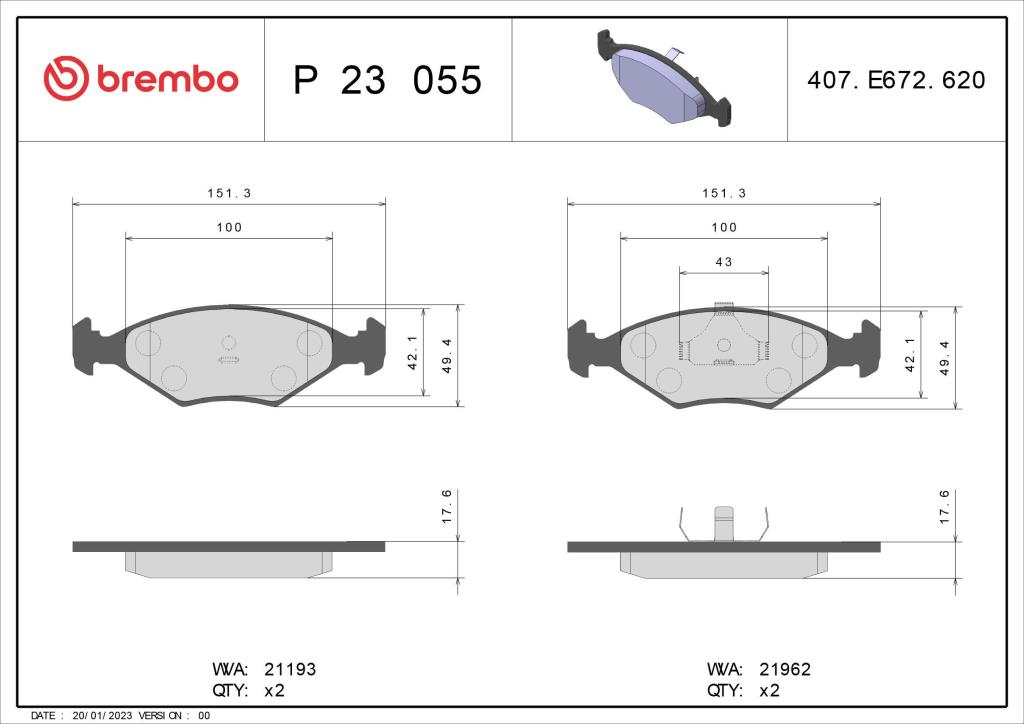 Jogo de 4 pastilhas de travão BREMBO ref. P 23 055