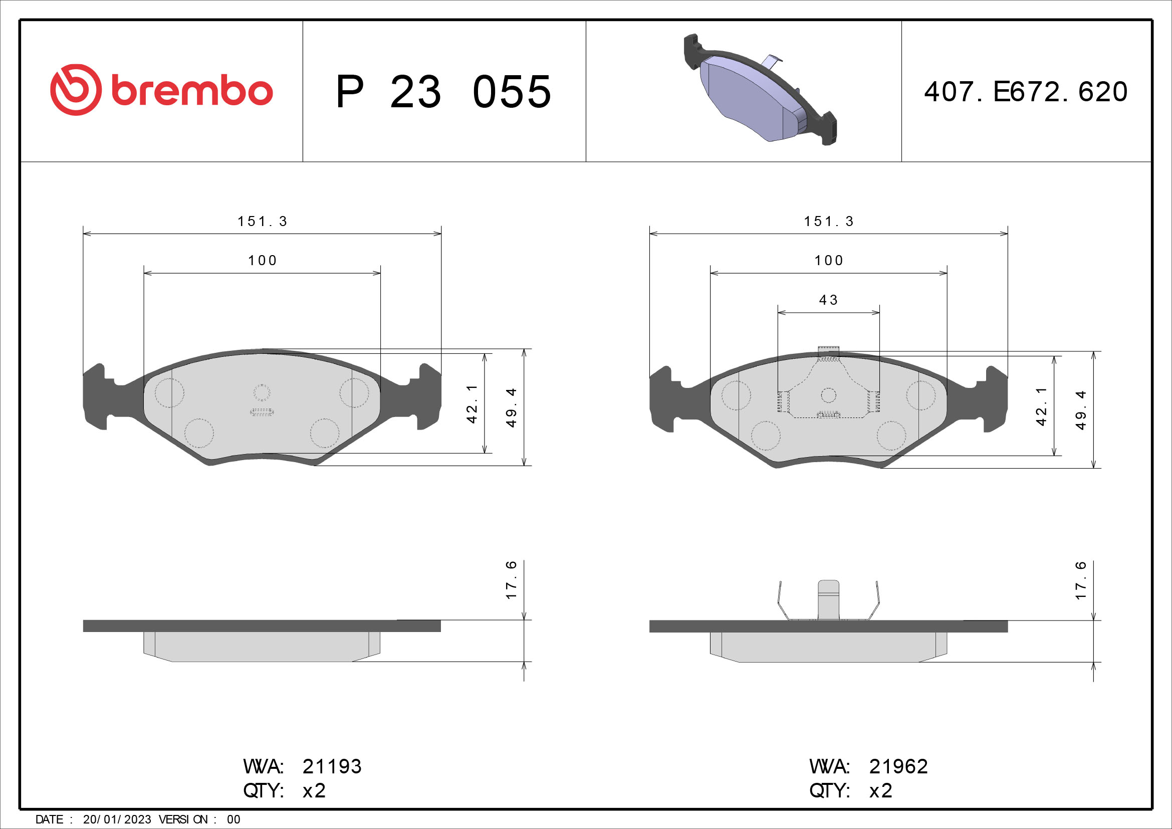Jogo de 4 pastilhas de travão BREMBO ref. P 23 055