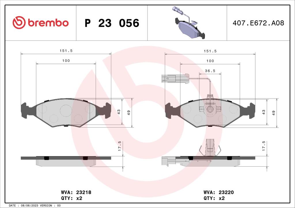 Jogo de 4 pastilhas de travão BREMBO ref. P 23 056