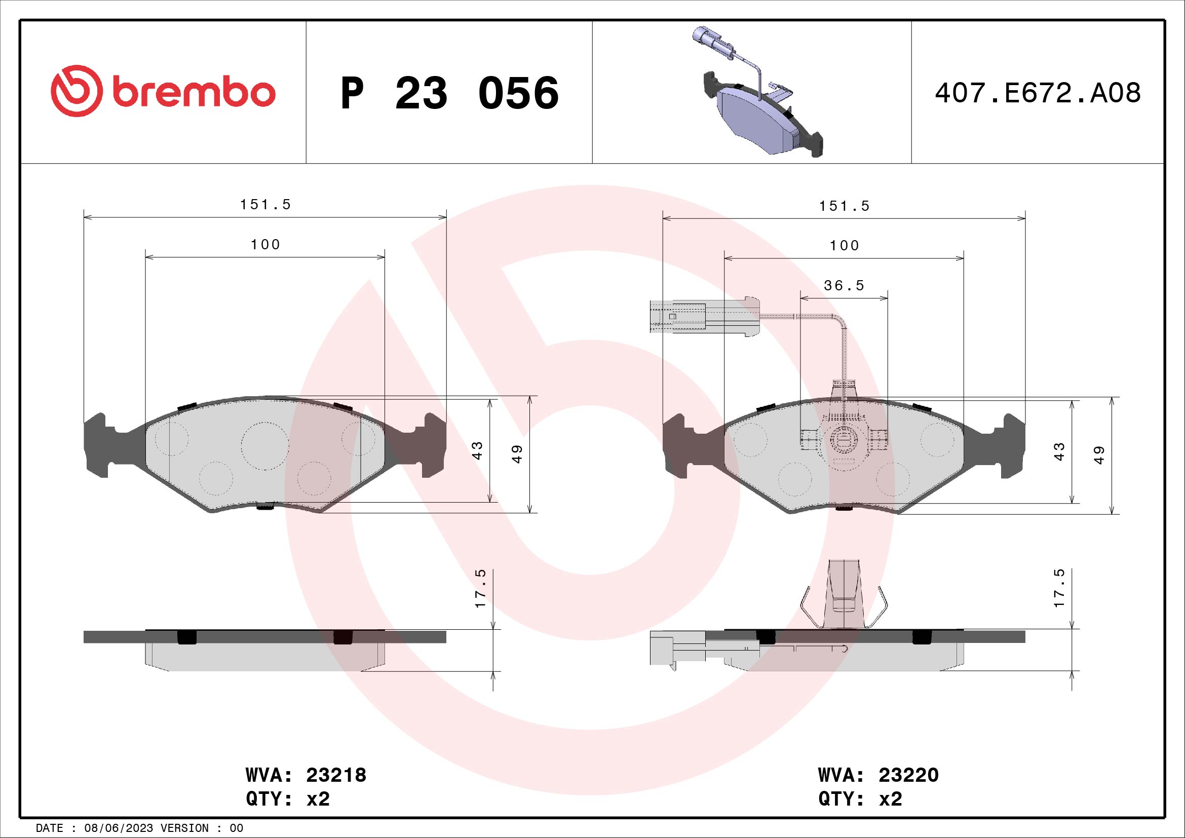 Jogo de 4 pastilhas de travão BREMBO ref. P 23 056