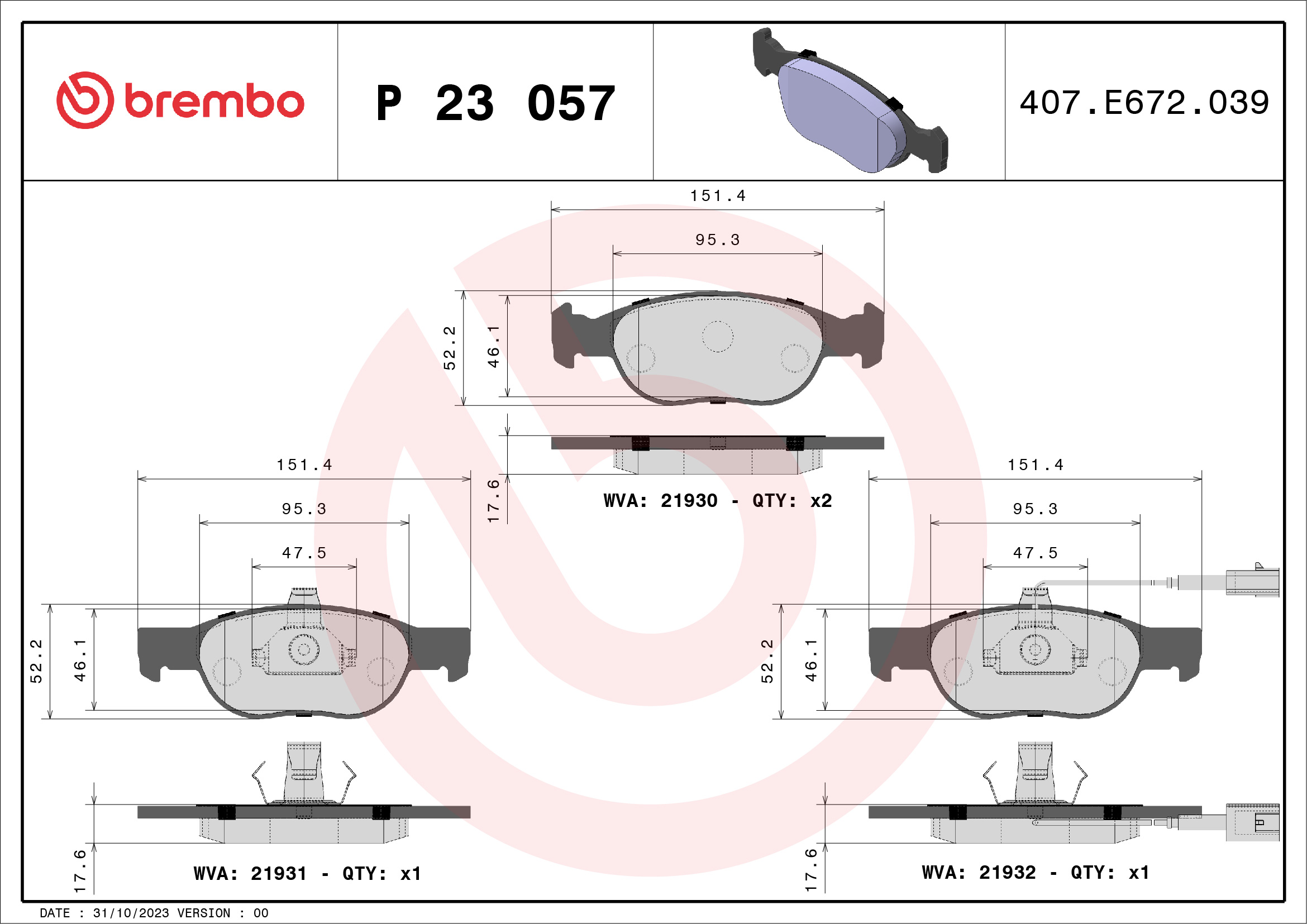 Jeu de 4 plaquettes de frein BREMBO ref. P 23 057