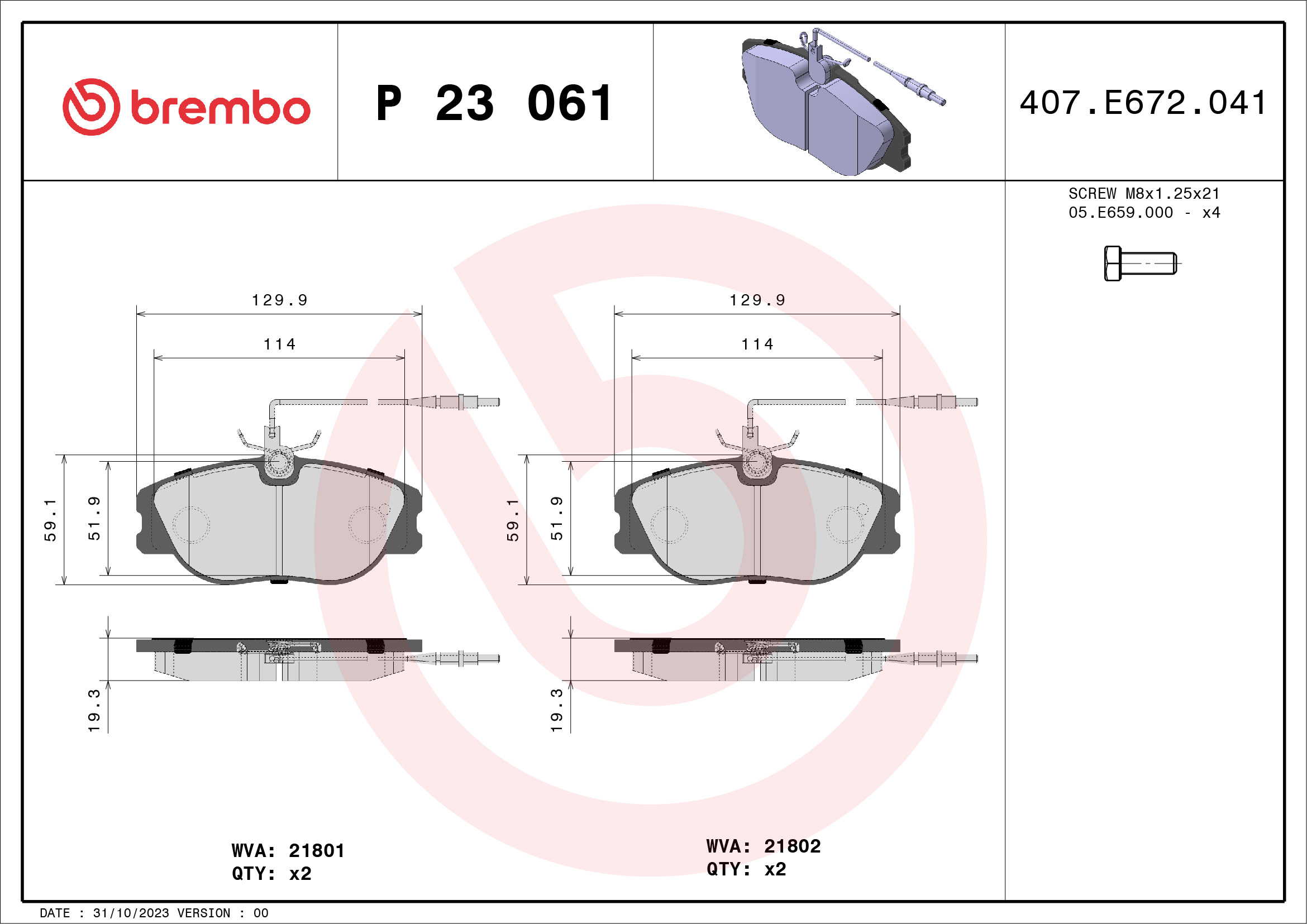 Jogo de 4 pastilhas de travão BREMBO ref. P 23 061