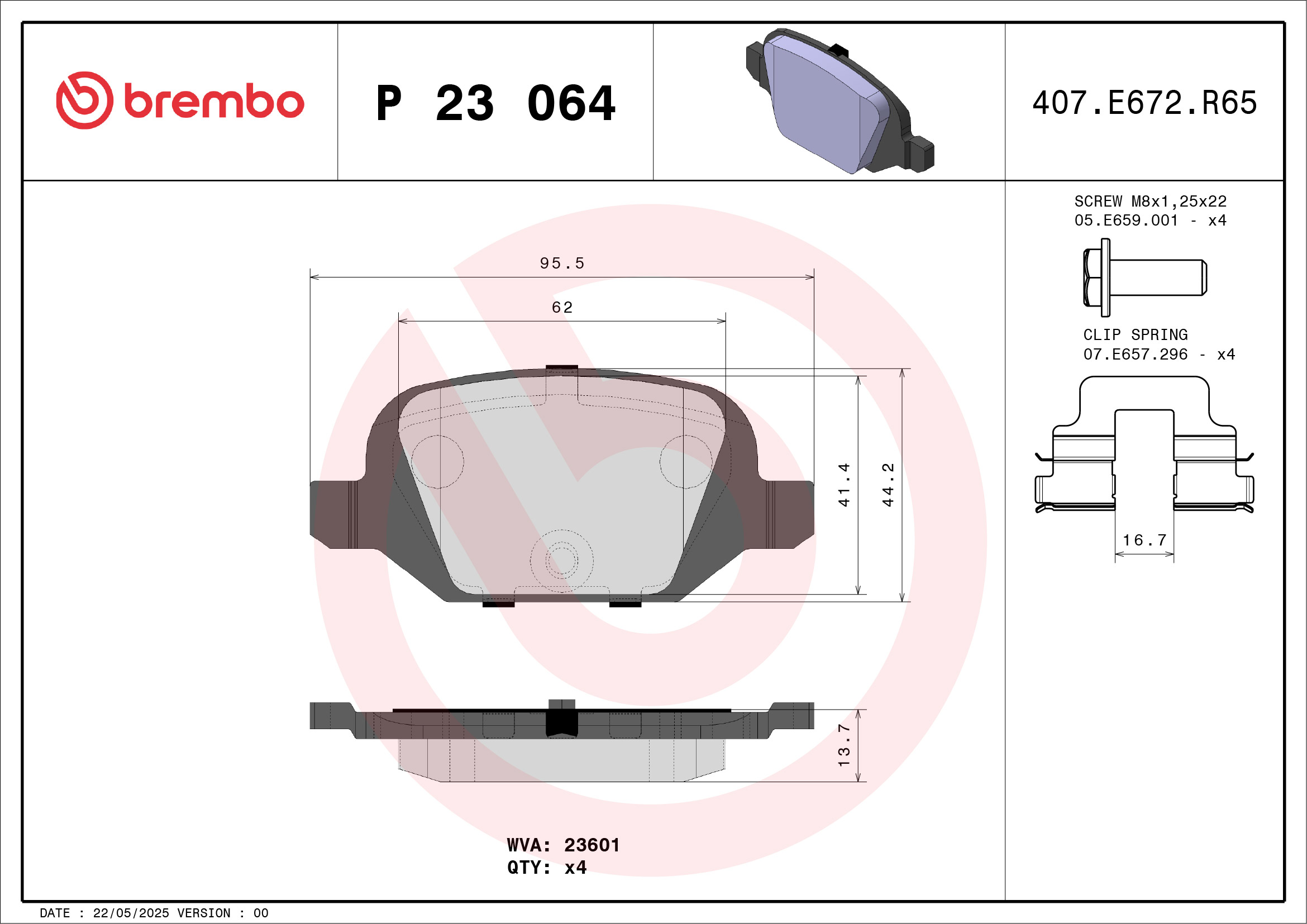 Jogo de 4 pastilhas de travão BREMBO ref. P 23 064