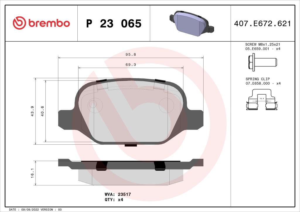 Jeu de 4 plaquettes de frein BREMBO ref. P 23 065
