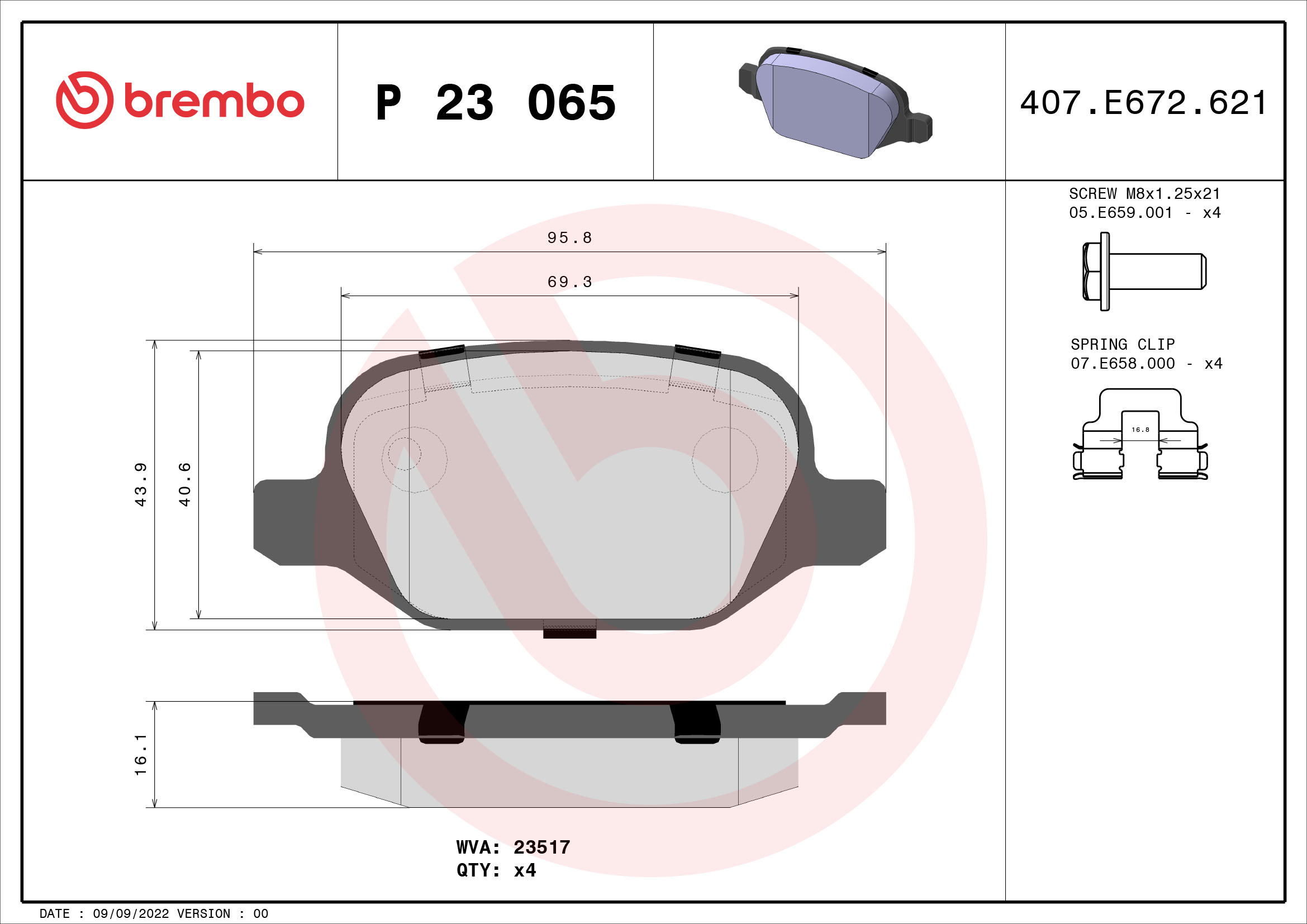 Jeu de 4 plaquettes de frein BREMBO ref. P 23 065