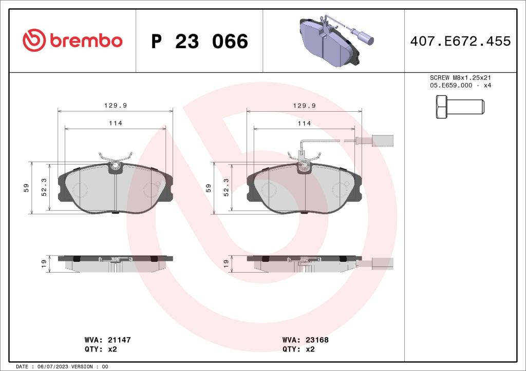 Jogo de 4 pastilhas de travão BREMBO ref. P 23 066