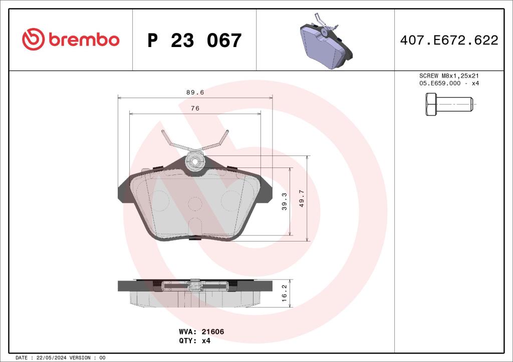 Jogo de 4 pastilhas de travão BREMBO ref. P 23 067