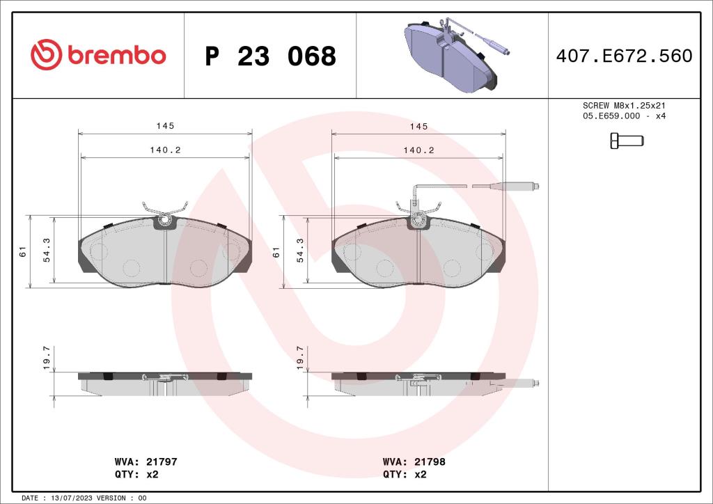 Jogo de 4 pastilhas de travão BREMBO ref. P 23 068