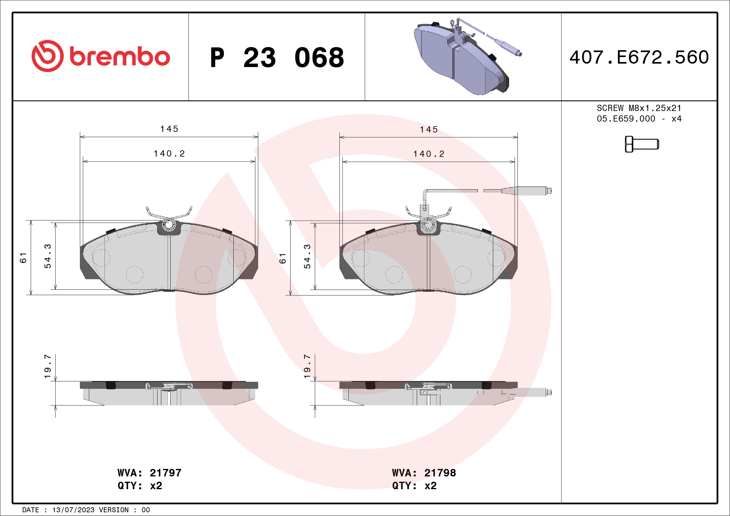 Jogo de 4 pastilhas de travão BREMBO ref. P 23 068