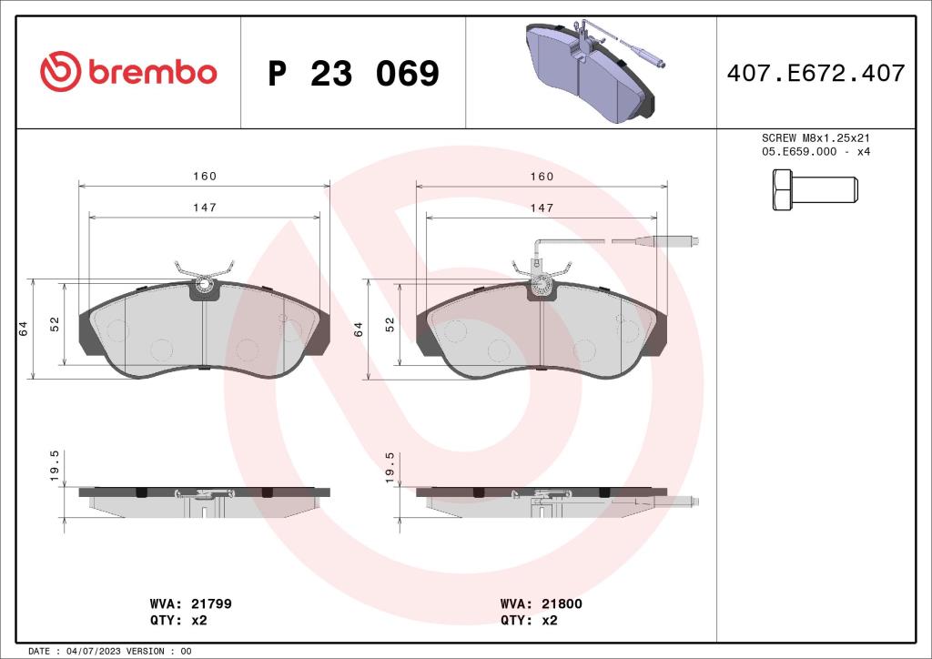 Jogo de 4 pastilhas de travão BREMBO ref. P 23 069