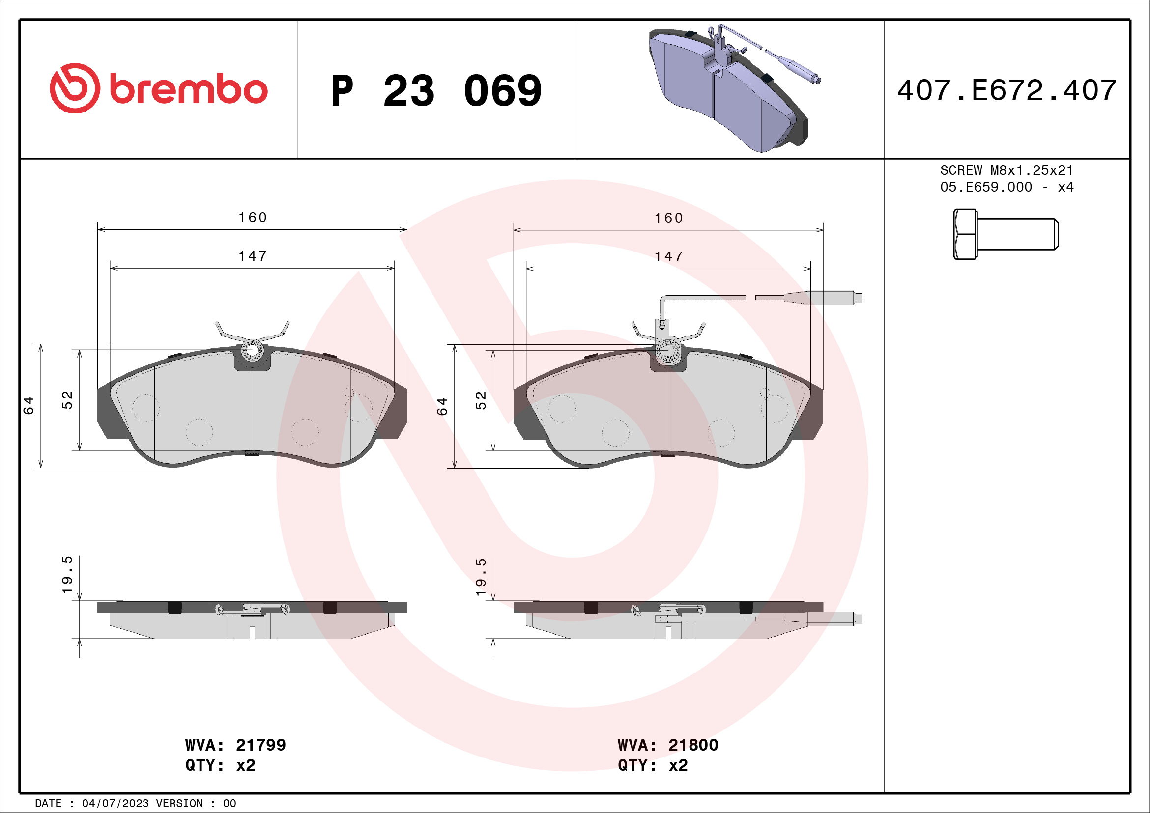 Jogo de 4 pastilhas de travão BREMBO ref. P 23 069